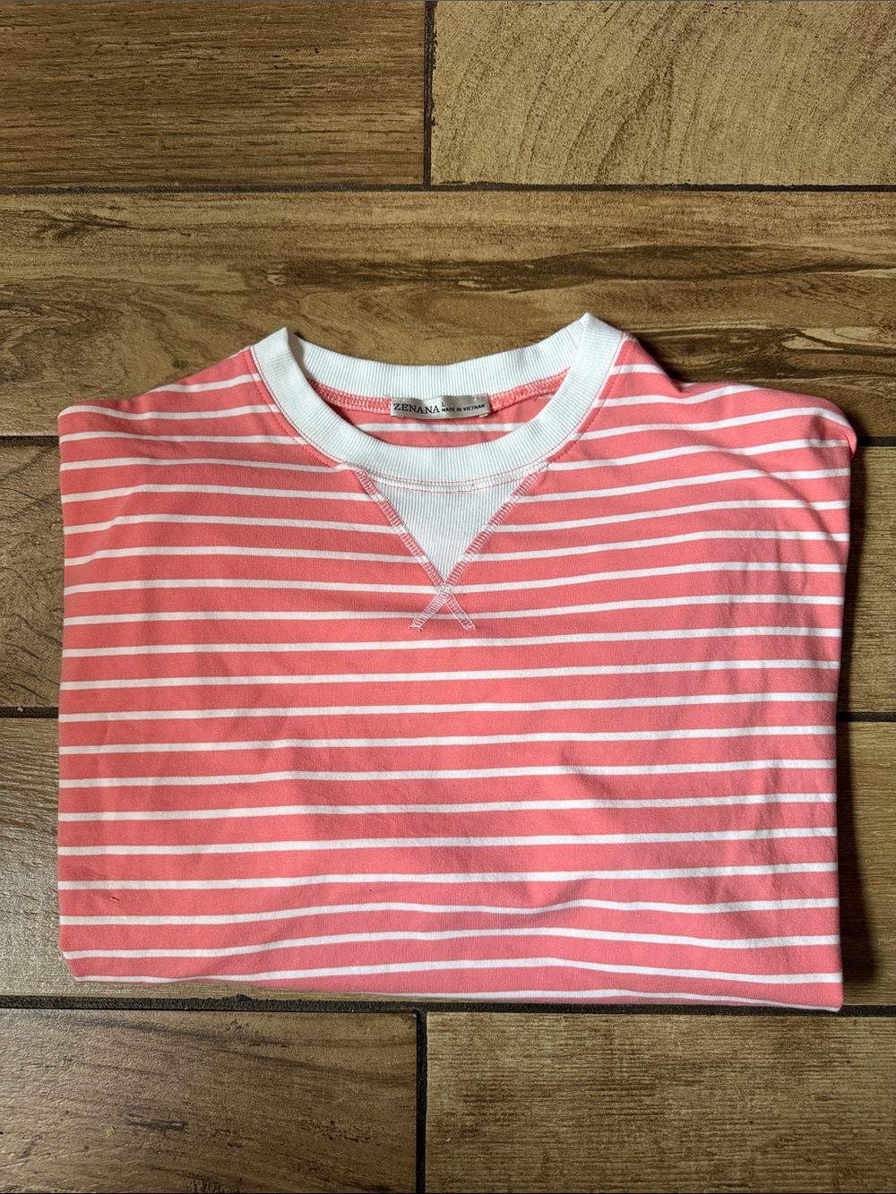 Zenana Outfitters Coral and White Striped Pullover